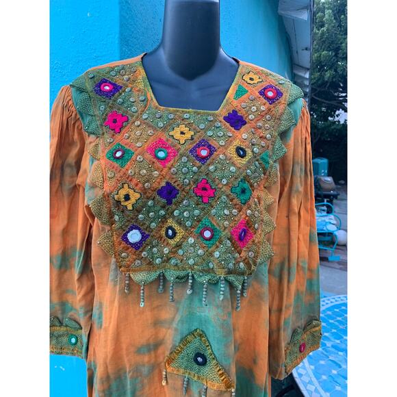 VINTAGE TIE DYE FESTIVAL HIPPIE MIRRORED EMBROIDERED KAFTAN CAFTAN DRESS M/L - Picture 8 of 10